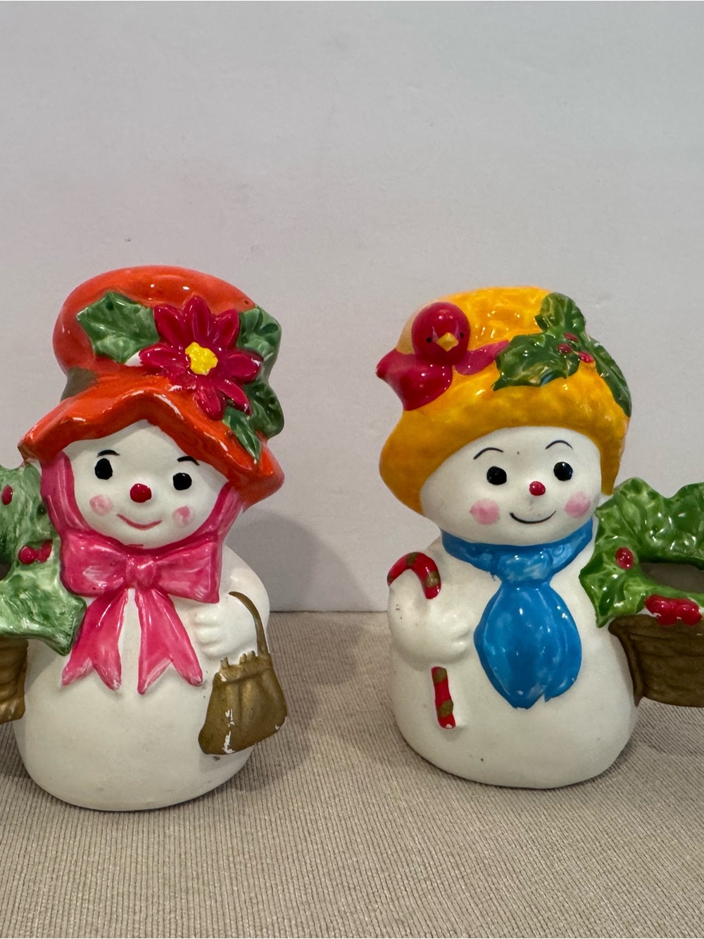 NAPCO VINTAGE SNOWMAN & SNOWWOMAN CANDLE HOLDERS X-8830.